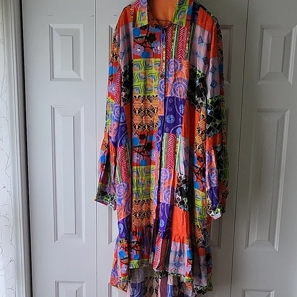 Orange and Blue Ruffled Tiered Long Sleeve Hi Lo Dress - Picture 1 of 5